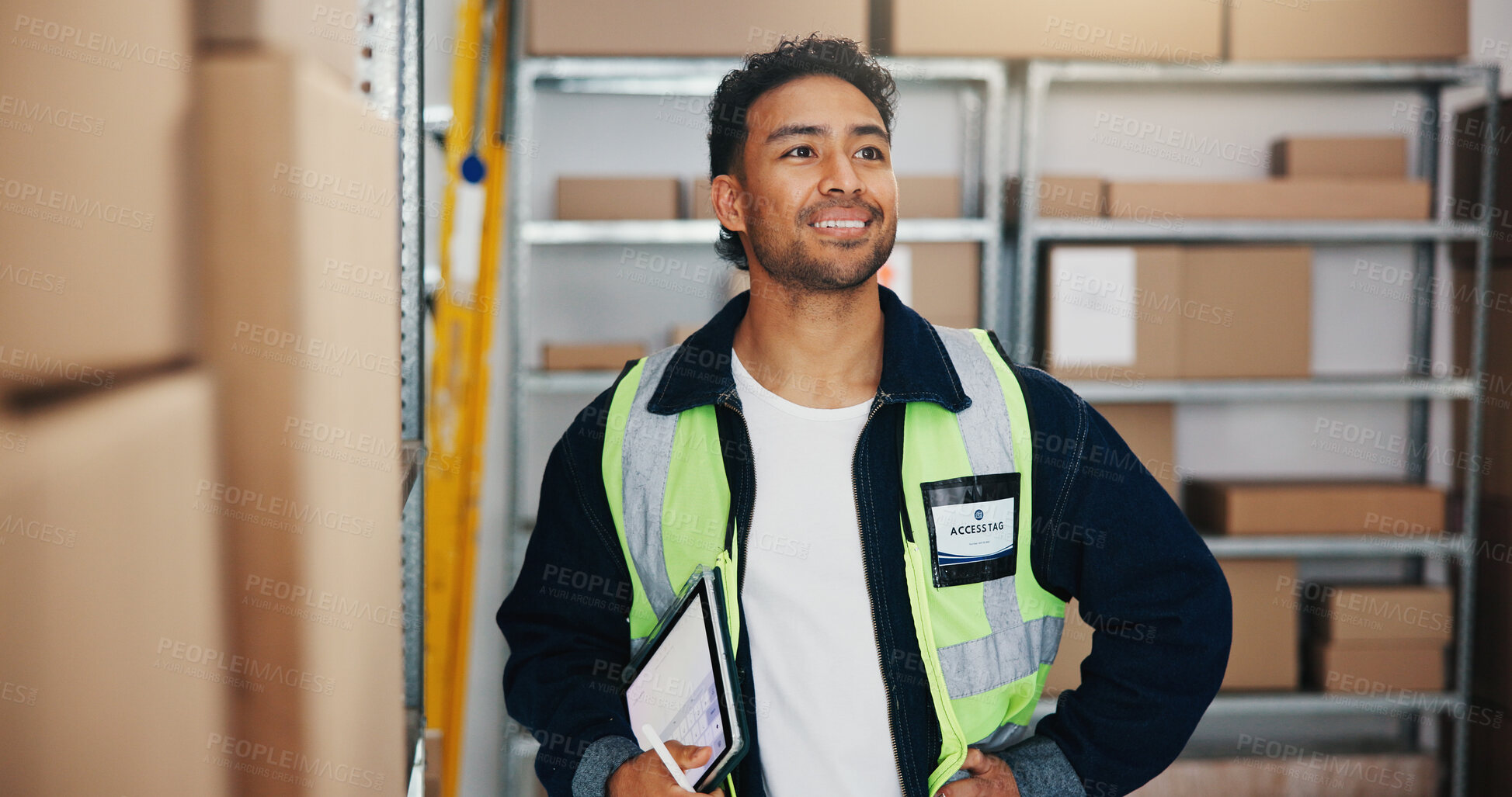 Buy stock photo Man, thinking and tablet in warehouse for logistics, quality control or smile for storage efficiency. Export ideas, distributor and tech in facility for inventory management, supply chain or planning