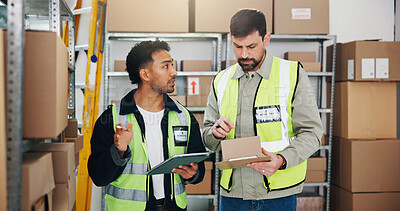 Buy stock photo Logistics, team and tablet in warehouse for stock management, packing procedure and discussion. Men, distribution and tech in storage for order processing, inventory control or checking box with help