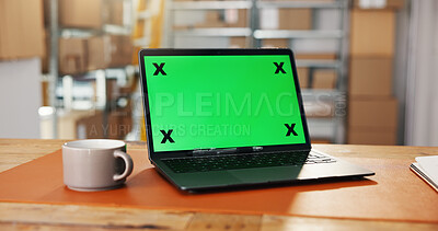 Buy stock photo Logistics, green screen and laptop in warehouse for website, work station or distribution log at desk. Tech display, mockup space or cup in storage for export information, delivery schedule or supply