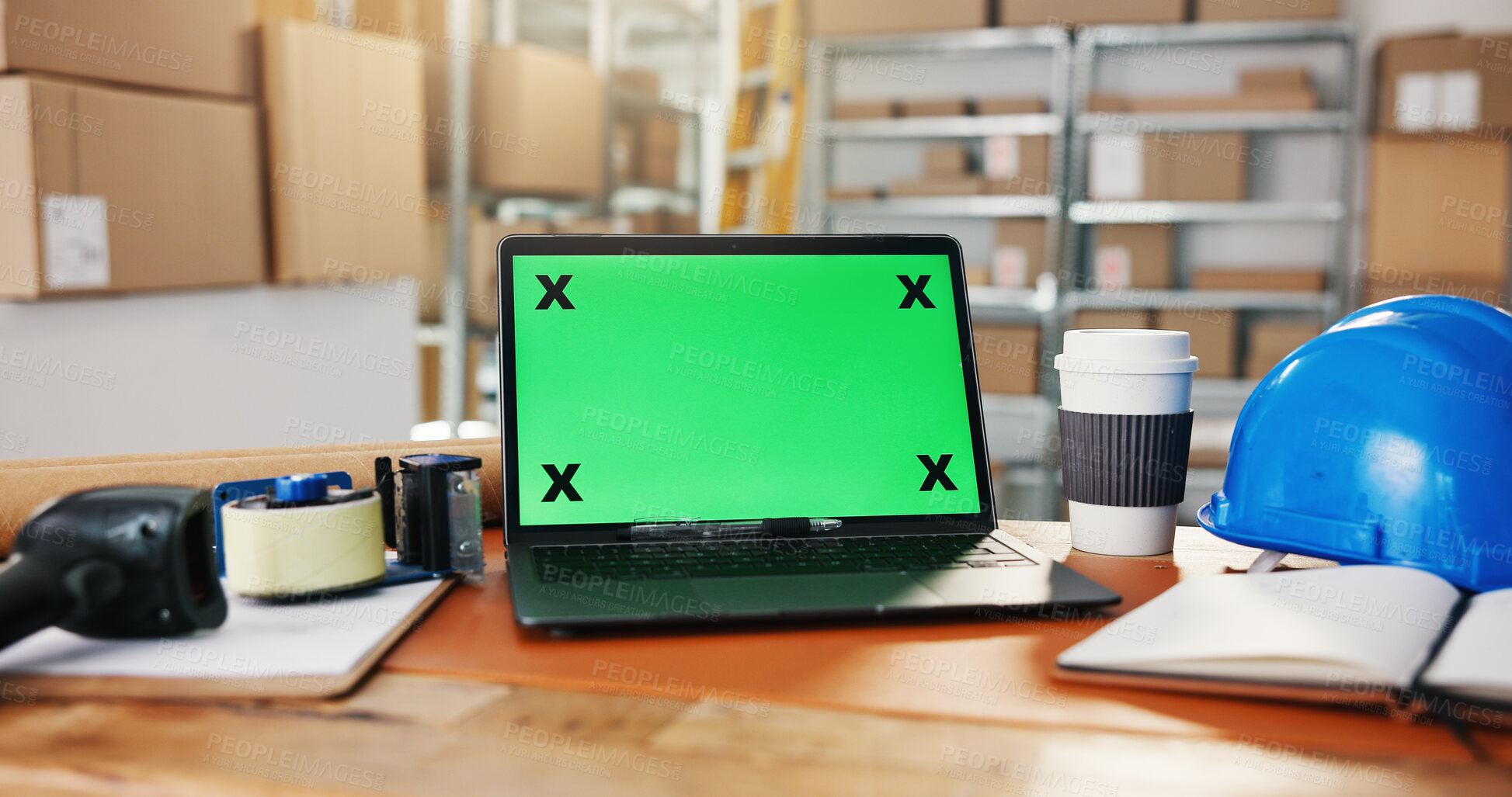 Buy stock photo Logistics, green screen and laptop in storage for website, work station or distribution log at desk. Tech display, mockup space or cup in warehouse for export information, delivery schedule or supply