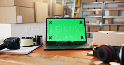 Buy stock photo Distribution, green screen and laptop in storage for website, work station or logistics log at desk. Tech display, mockup space or cup in warehouse for export information, delivery schedule or supply