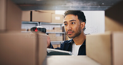 Buy stock photo Tablet, scanner and man with boxes for ecommerce, inventory management or product count for dropshipping. Scan parcel, tech or entrepreneur with storage audit for supply chain, price or stock check