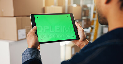 Buy stock photo Logistics, green screen or hands in warehouse with tablet, mockup or inventory management in ux design. Distribution, man or supplier in depot with tech, chroma key or cargo check in service delivery