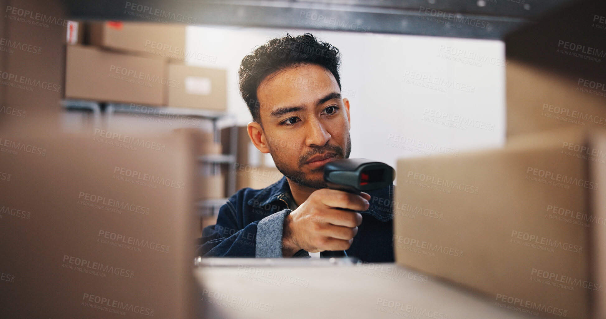 Buy stock photo Businessman, scanner and logistics with box for price check, inventory or stock control in depot. Man, distributor or supplier with parcel or cargo scan for quality assurance in storage or warehouse
