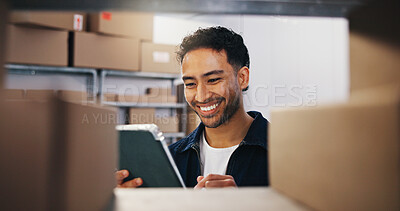 Buy stock photo Logistics, man and smile with tablet in storage for inventory management, stock control and shipping. Small business, happy worker and backlog database at shelf for package inspection or supply chain