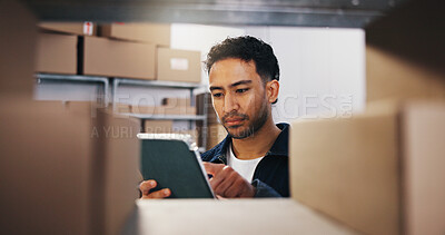 Buy stock photo Logistics, man and typing on tablet in storage for inventory management, stock control or shipping. Warehouse, worker or backlog database at shelf for package inspection, supply chain or distribution