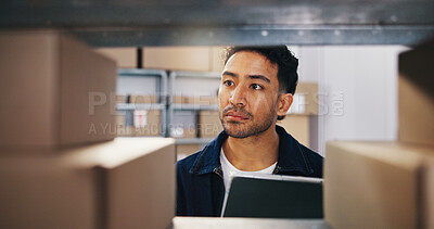 Buy stock photo Logistics, inspection or man at shelf with tablet, order track or inventory management in shipping. Supply chain, cargo or supplier with tech, stock control or package checklist in warehouse.