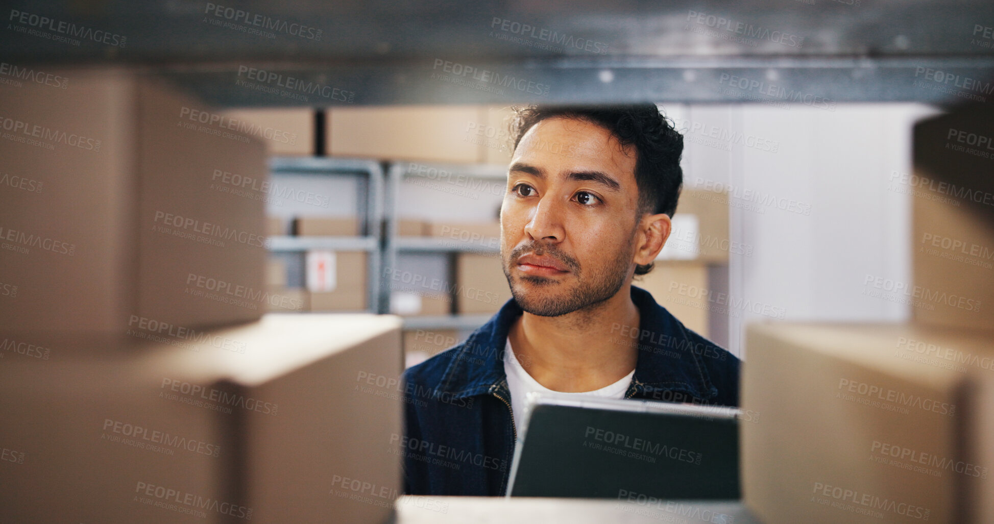 Buy stock photo Logistics, inspection or man at shelf with tablet, order track or inventory management in shipping. Supply chain, cargo or supplier with tech, stock control or package checklist in warehouse.