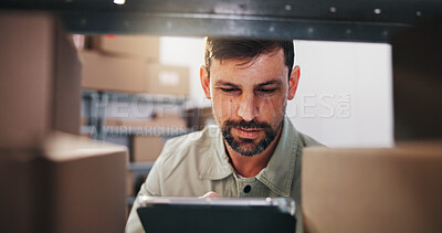 Buy stock photo Logistics, review or man at shelf with tablet, order track or inventory management in shipping. Distribution, cargo or supplier in depot with tech, stock control or package checklist in supply chain.