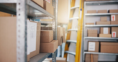 Buy stock photo Warehouse, logistics and ladder with boxes for inventory, storage unit or supply chain delivery. Empty, small business or shipping storeroom for packages, cargo or stock control in freight depot