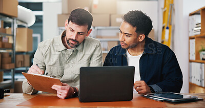 Buy stock photo Review, checklist or people in office of small business, sales progress or parcel shipping for logistics. Check report, entrepreneur team or men planning for order fulfillment, delivery or stock info