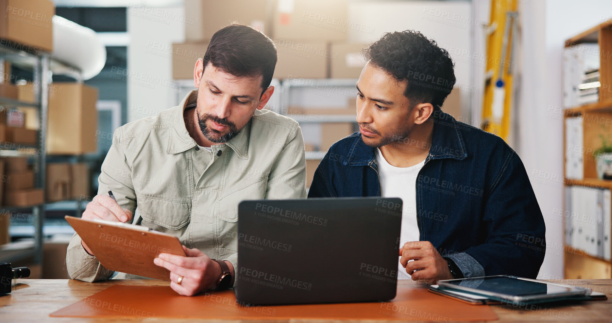 Buy stock photo Review, checklist or people in office of small business, sales progress or parcel shipping for logistics. Check report, entrepreneur team or men planning for order fulfillment, delivery or stock info