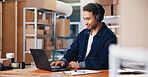 Headphones, laptop and logistics with man in office for delivery schedule or storage management. Agenda, music and planning with employee person in courier workplace for supply chain business