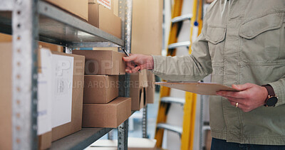 Buy stock photo Box, hands and clipboard in warehouse for logistics, inventory management and stock checklist. Man, distributor and notes in storage facility for order planning, delivery schedule and supply chain