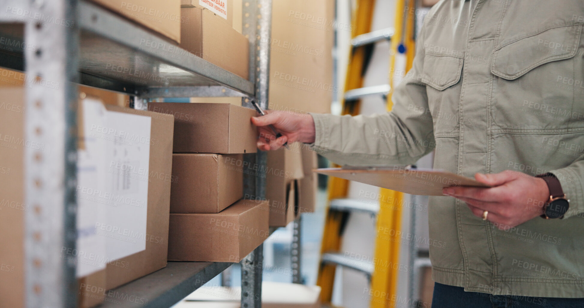 Buy stock photo Box, hands and clipboard in warehouse for logistics, inventory management and stock checklist. Man, distributor and notes in storage facility for order planning, delivery schedule and supply chain