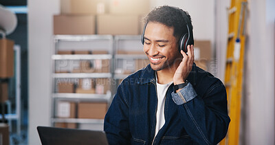 Buy stock photo Headphones, ecommerce or happy man with laptop in small business, order shipping or streaming music. Listening, courier website or entrepreneur with audio tech for break playlist, logistics or radio