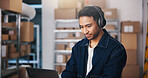 Headphones, ecommerce or man with laptop in small business, check order status or streaming music. Track parcel, courier site or entrepreneur with audio tech for supply chain, dropshipping or radio