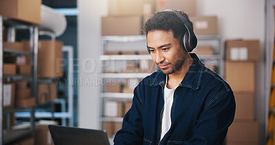 Buy stock photo Headphones, ecommerce or man with laptop in small business, check order status or streaming music. Track parcel, courier site or entrepreneur with audio tech for supply chain, dropshipping or radio