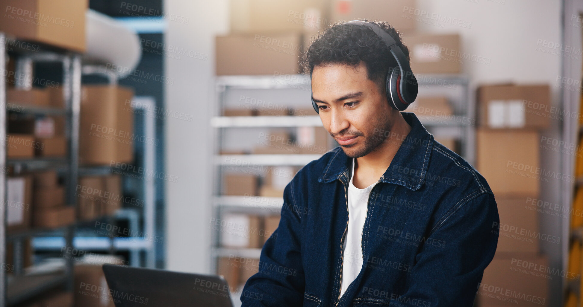 Buy stock photo Headphones, ecommerce or man with laptop in small business, check order status or streaming music. Track parcel, courier site or entrepreneur with audio tech for supply chain, dropshipping or radio