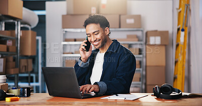 Buy stock photo Phone call, smile and man with laptop for logistics deal, negotiation or communication with supplier. Computer, mobile and entrepreneur talk to contact for shipping offer or procurement in workplace