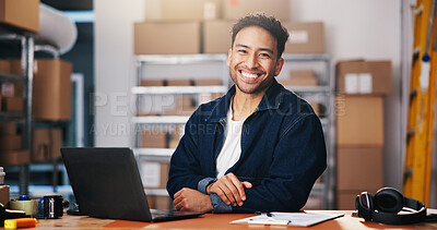 Buy stock photo Portrait, shipping and happy man with laptop in office for supply chain, distribution or ecommerce. Logistics, person and entrepreneur with computer for startup, smile and about us in small business