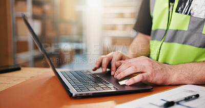 Buy stock photo Logistics, man and hands in warehouse with laptop, typing report or shipping email for distribution. Supply chain, person and browsing in depot with computer, courier app or website to track package.