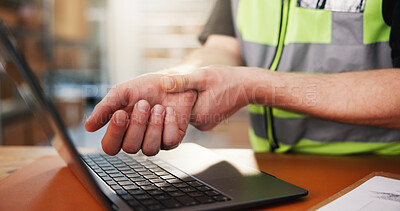 Buy stock photo Logistics, laptop and hands with wrist pain in warehouse from carpal tunnel, injury or work accident. Shipping, tech or person with joint strain at distribution depot for tendinitis or muscle tension