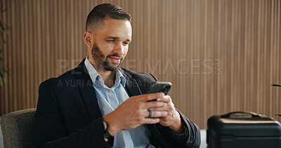 Buy stock photo Investor, luggage and man in airport, smartphone for online flight schedule and social media. Person, trader and professional on chair, cellphone and email for visa application or global trading deal