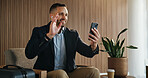 Video call, phone and wave with man in airport lounge for chat, layover update and contact. Communication, luggage and streaming with person and mobile in vip lobby for connection and business class