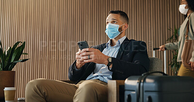 Buy stock photo Financial advisor, thinking and man in airport, cellphone for online flight schedule and social media. Person, face mask and investor on chair, smartphone and email for visa application or decision