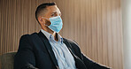 Thinking, business and man with face mask in office for protection, compliance and pandemic. Thoughts, male person and ppe for virus prevention, daydreaming and workplace regulations for staff safety