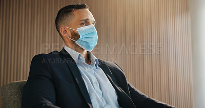 Buy stock photo Thinking, business and man with face mask in office for protection, compliance and pandemic. Thoughts, male person and ppe for virus prevention, daydreaming and workplace regulations for staff safety