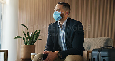 Buy stock photo Travel, face mask and business man in airport lounge for virus prevention, boarding compliance and safety. Outbreak regulation policy, luggage and waiting room with person in vip lobby for healthcare