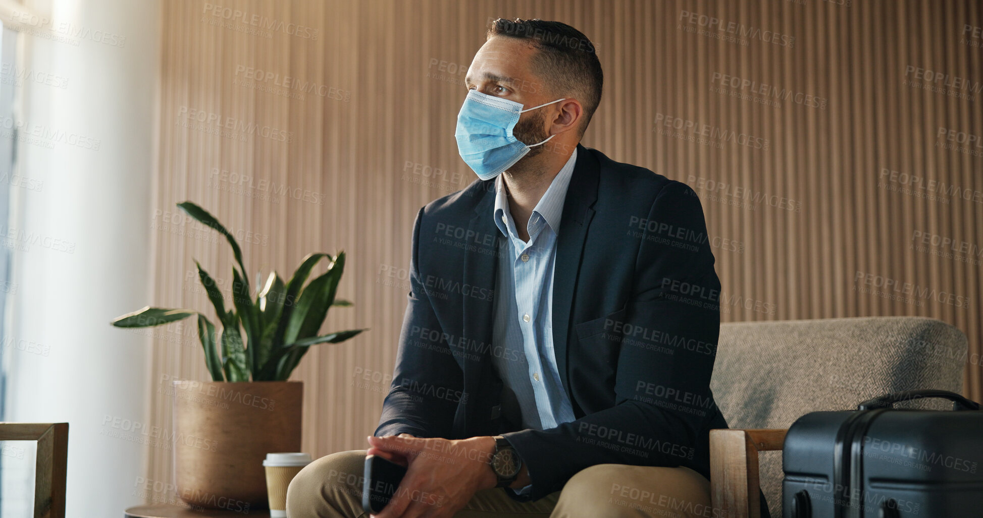 Buy stock photo Travel, face mask and business man in airport lounge for virus prevention, boarding compliance and safety. Outbreak regulation policy, luggage and waiting room with person in vip lobby for healthcare