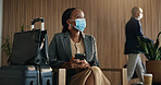Luggage, face mask and business woman in airport lounge for virus prevention, boarding compliance or safety. Outbreak regulation policy, travel or waiting room with person in vip lobby for healthcare