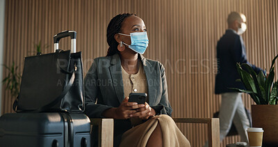 Buy stock photo Luggage, face mask and business woman in airport lounge for virus prevention, boarding compliance or safety. Outbreak regulation policy, travel or waiting room with person in vip lobby for health