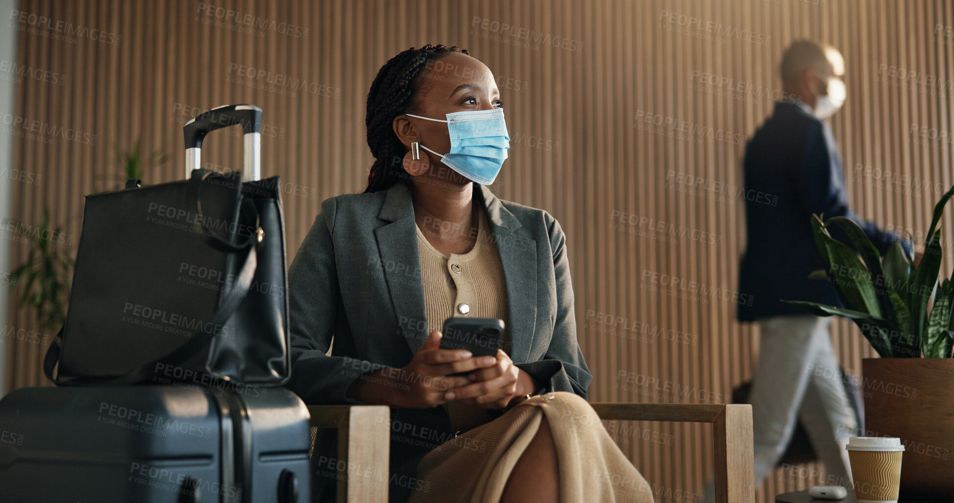 Buy stock photo Luggage, face mask and business woman in airport lounge for virus prevention, boarding compliance or safety. Outbreak regulation policy, travel or waiting room with person in vip lobby for health