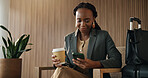 Investor, coffee and black woman in airport, smartphone for online flight schedule and social media. Person, latte and trader in waiting room, cellphone or email for visa application or boarding pass