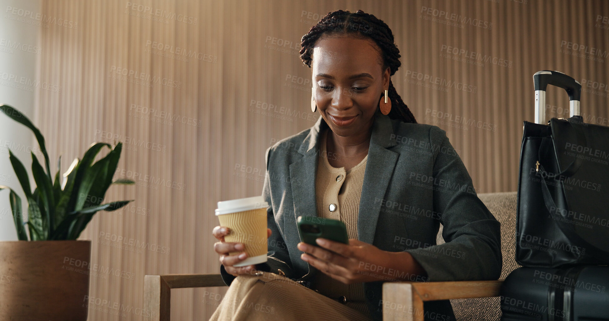 Buy stock photo Investor, coffee and black woman in airport, smartphone for online flight schedule and social media. Person, latte and trader in waiting room, cellphone or email for visa application or boarding pass