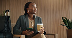 Thinking, phone and business black woman in airport lounge for flight tracking, layover update and contact. Communication, boarding schedule and vision with person and mobile in vip lobby for travel