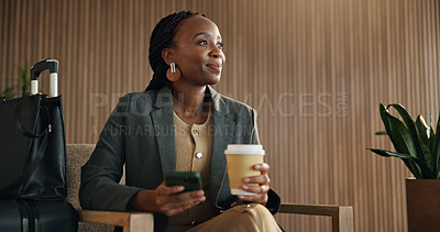 Buy stock photo Thinking, phone and business black woman in airport lounge for flight tracking, layover update and coffee. Communication, boarding schedule and vision with person and drink in vip lobby for travel
