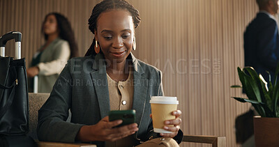 Buy stock photo Financial advisor, luggage or woman in airport, cellphone for online flight schedule or message to contact. Person, coffee or trader in waiting room, smartphone or email for investment deal or travel