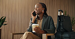 Suitcase, phone call and business black woman in airport lounge for flight tracking, layover update and contact. Communication, boarding schedule and chat with person in vip lobby for travel