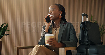 Buy stock photo Suitcase, phone call and business black woman in airport lounge for flight tracking, layover update and contact. Communication, boarding schedule and chat with person in vip lobby for travel
