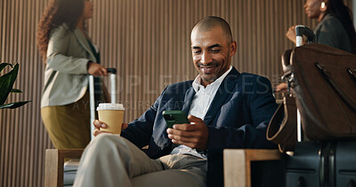 Buy stock photo Business, coffee and happy man in airport, cellphone for online flight schedule or app for trading opportunity. Person, tea or trader on chair, smartphone or email for visa application or waiting