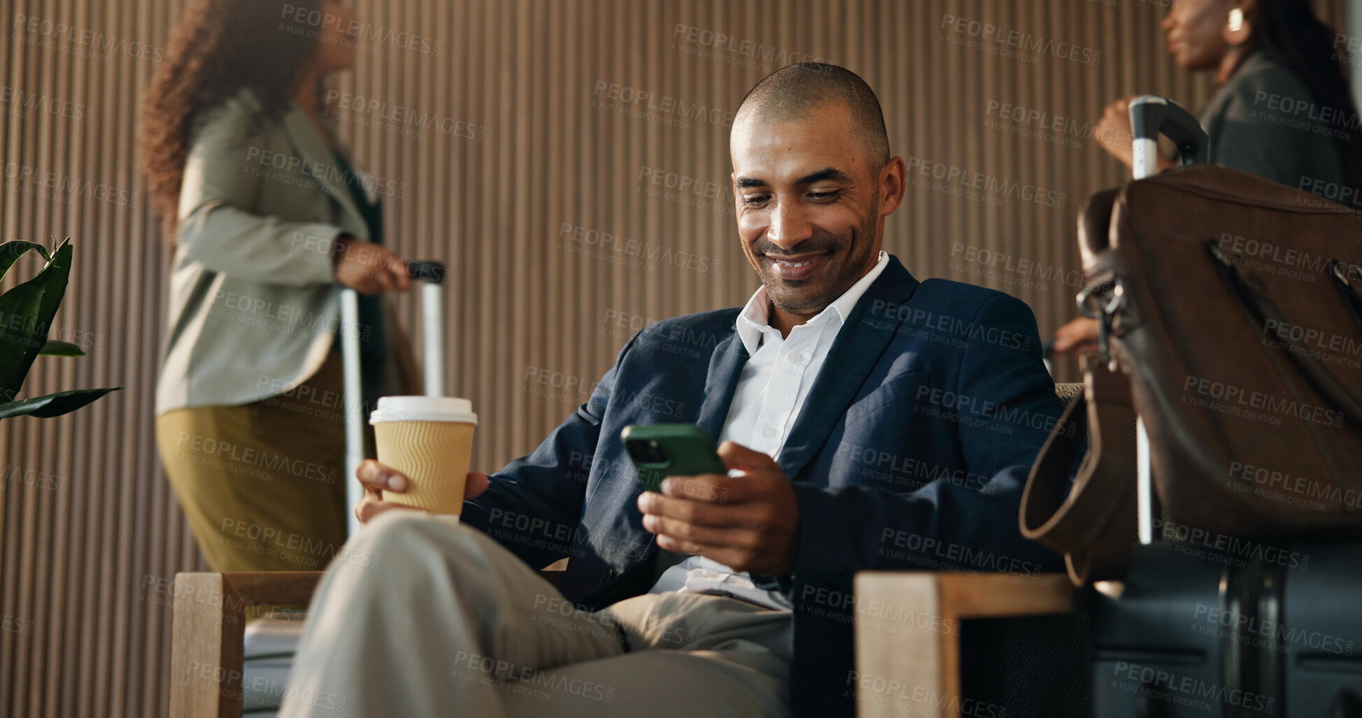 Buy stock photo Business, coffee and happy man in airport, cellphone for online flight schedule or app for trading opportunity. Person, tea or trader on chair, smartphone or email for visa application or waiting