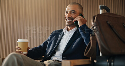 Buy stock photo Happy, phone call and business man in airport lounge for flight tracking, layover update and contact. Communication, boarding schedule and chat with person and luggage in vip lobby for travel