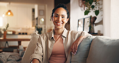 Buy stock photo Portrait, relax and smile of woman on sofa in living room of home for break, chilling or me time. Comfortable, unwind and wellness with happy person in apartment for peaceful morning or weekend