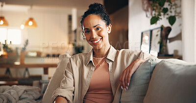 Buy stock photo Break, portrait and smile of woman on sofa in living room of home for chilling, me time or wellness. Comfortable, relax and unwind with happy person in apartment for peaceful morning or weekend