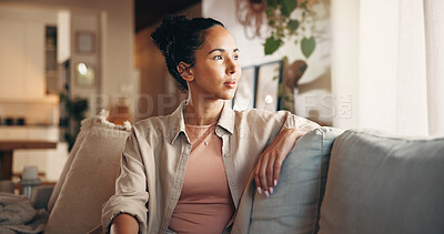 Buy stock photo Relax, thinking and vision with woman on sofa in living room of home for break, chilling or me time. Memories, nostalgia and reflection with thoughtful person in apartment for weekend planning